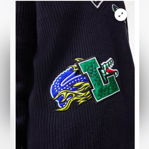 Lacoste NWT 100% Wool Holiday Comic Badge Striped V-Neck Sweater 5 Large - Picture 3 of 13
